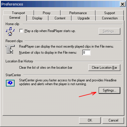 This is the Preferences box that comes up when you rightclick on the RealPlayer icon on your taskbar system tray at the bottom right corner of your screen.